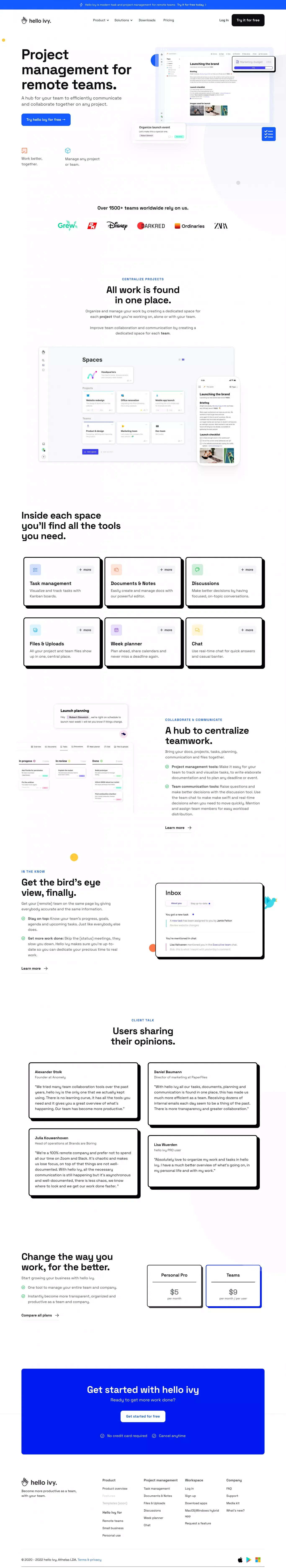 hello ivy - Project management and team communication software - Landing design