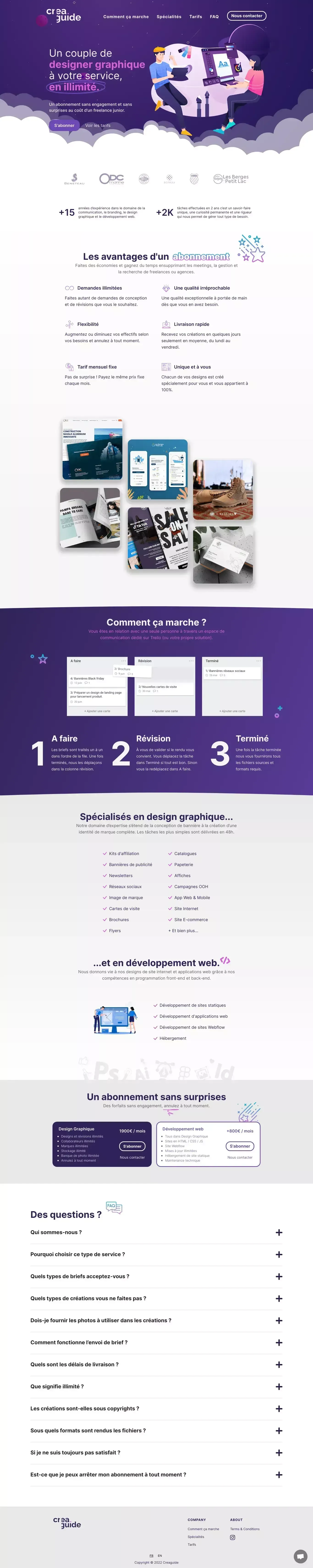 Creaguide - Service de design graphique en illimité par abonnement - Landing design