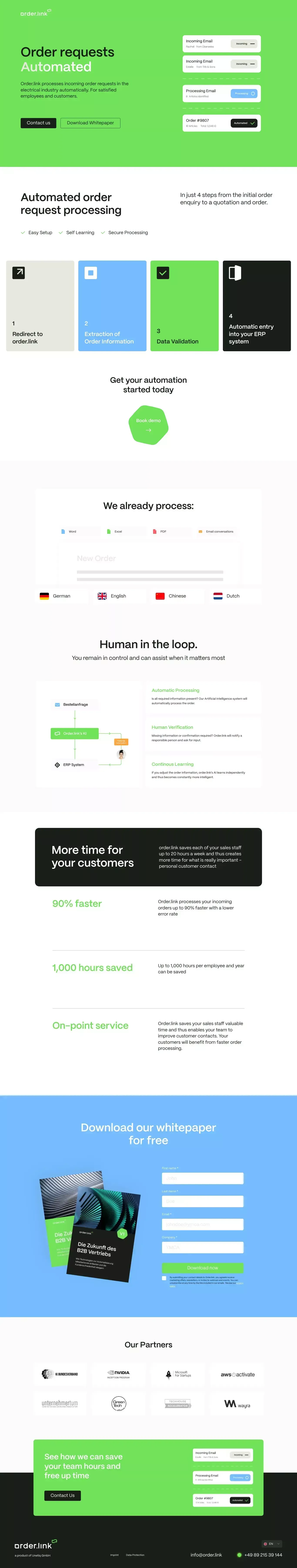 Process order requests automatically. - Landing design