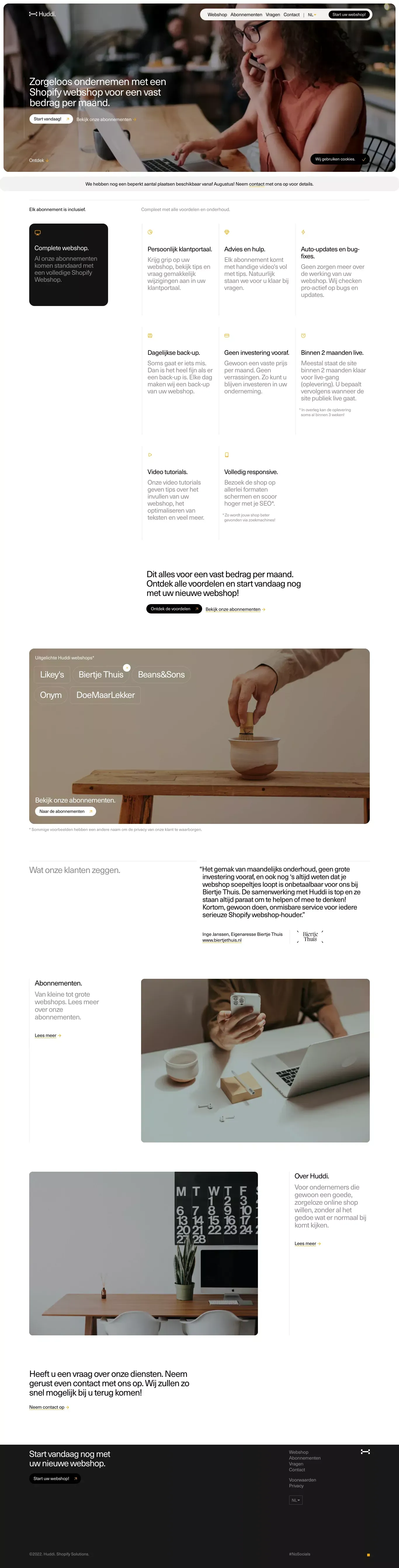 Huddi - Zorgeloos ondernemen met een Shopify webshop voor een vast bedrag per maand. - website design