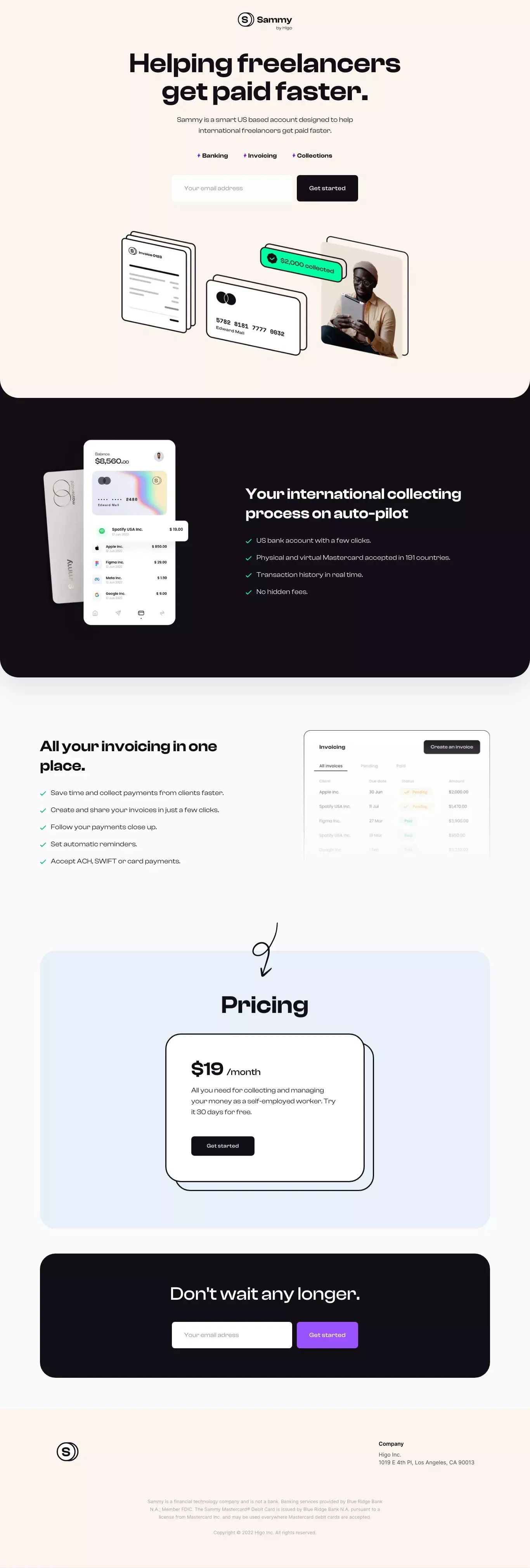 Sammy - The first US Bank for freelancers - Landing design