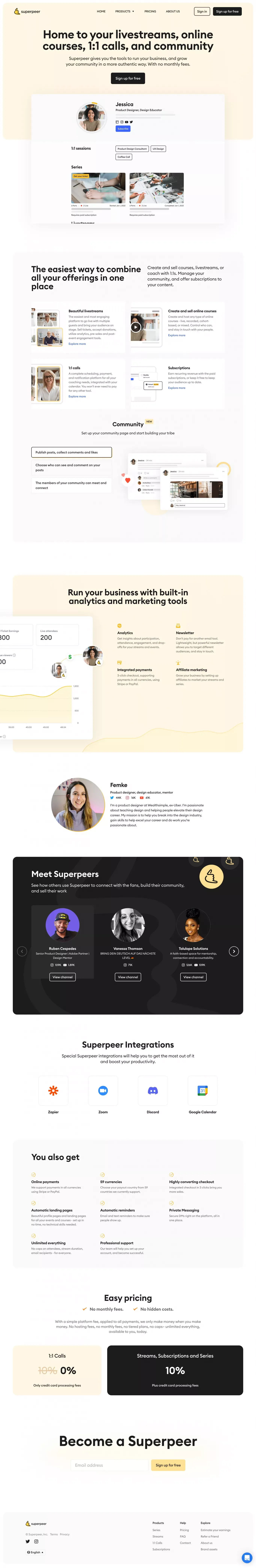Superpeer | Home to your community with livestreams, live courses, 1:1s and more! - Landing design