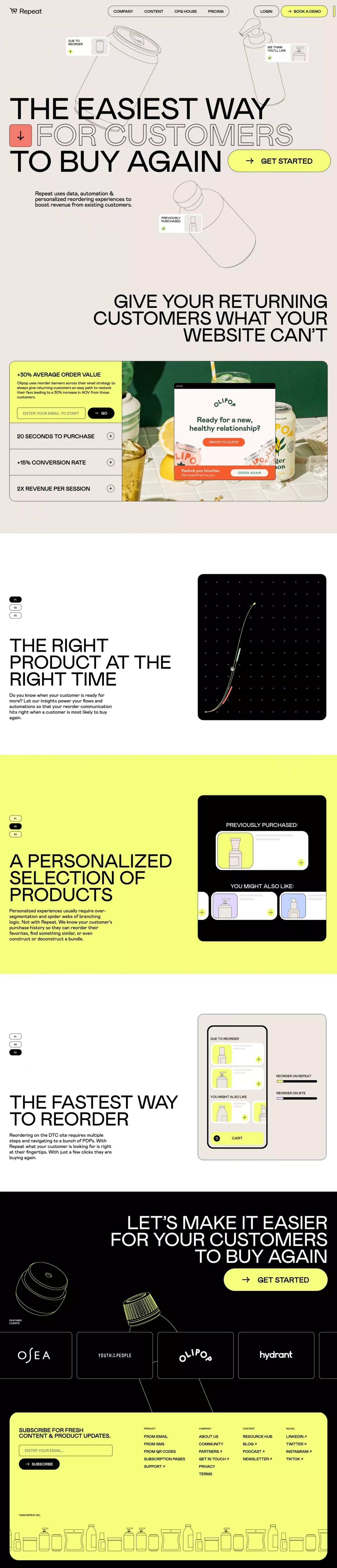 Repeat | The end to end reordering experience for CPG Brands on Shopify - Landing design
