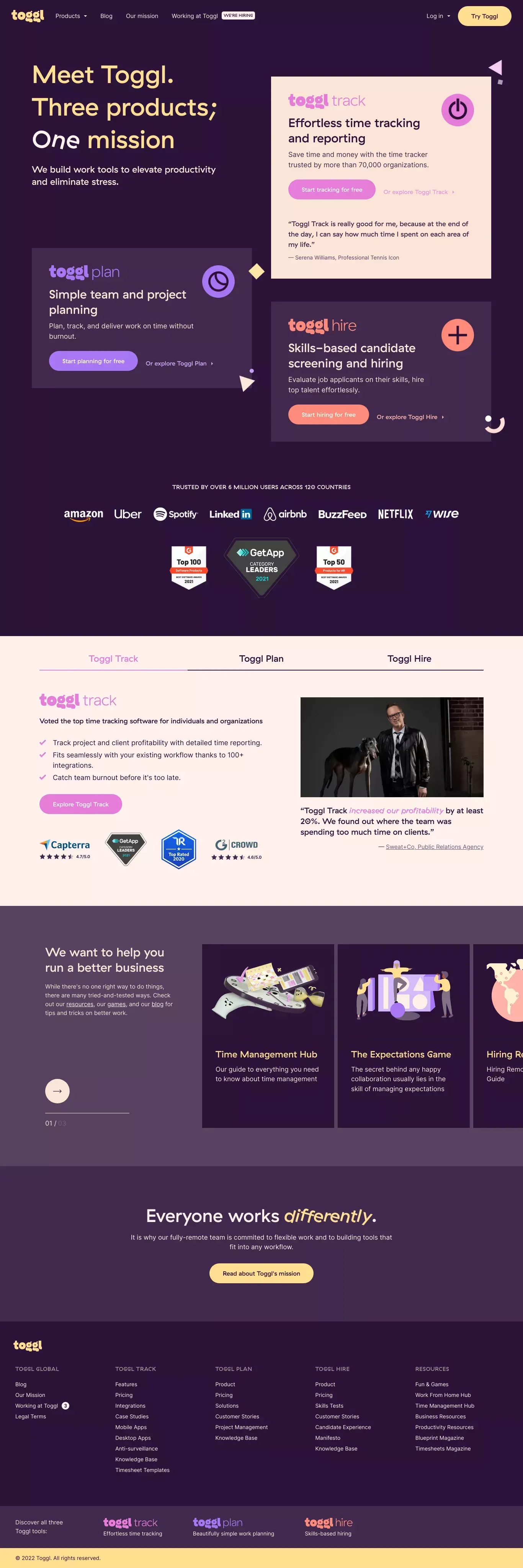 Toggl: Time Tracking, Project Planning and Hiring Tools to Help Teams Work Better - Landing design