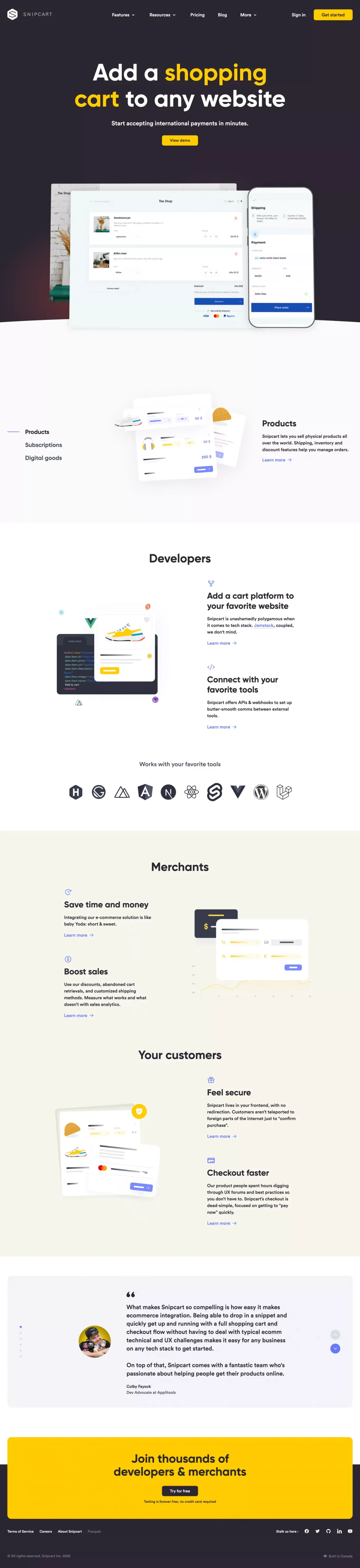 Add a Shopping Cart to Any Website in Minutes - Snipcart - Landing design