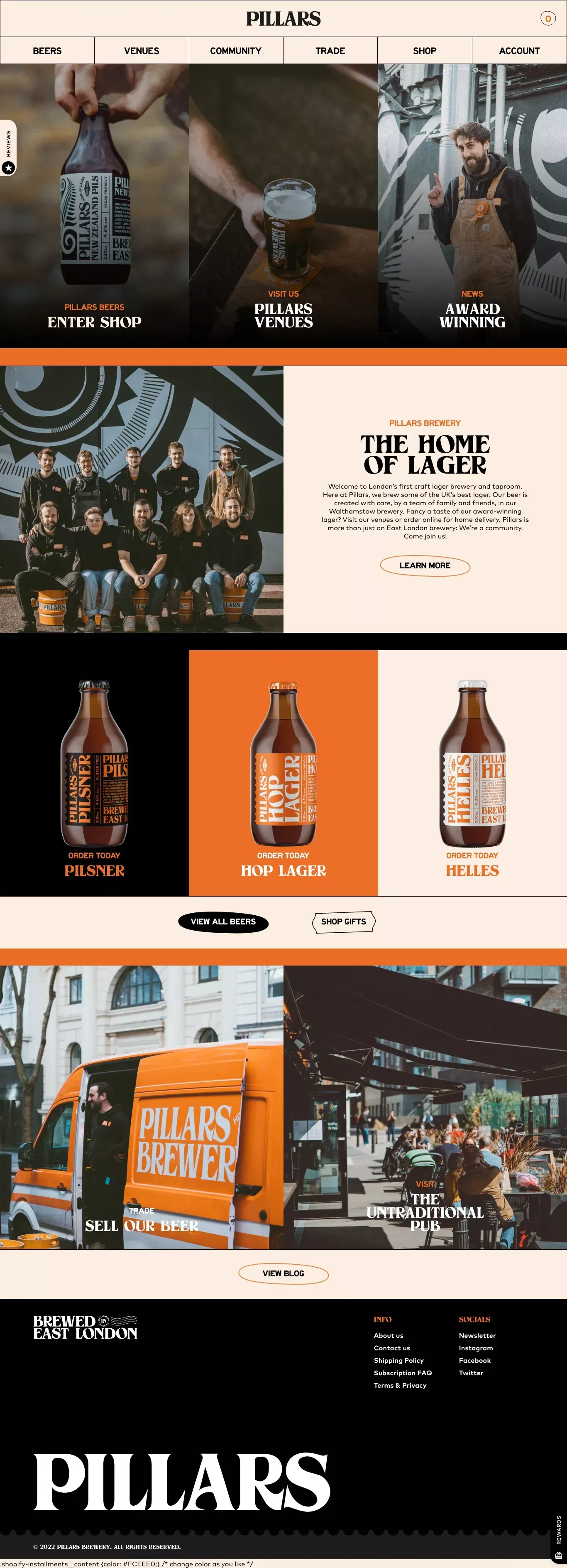 Pillars Brewery - Craft Lager Brewery East London - Ecommerce design