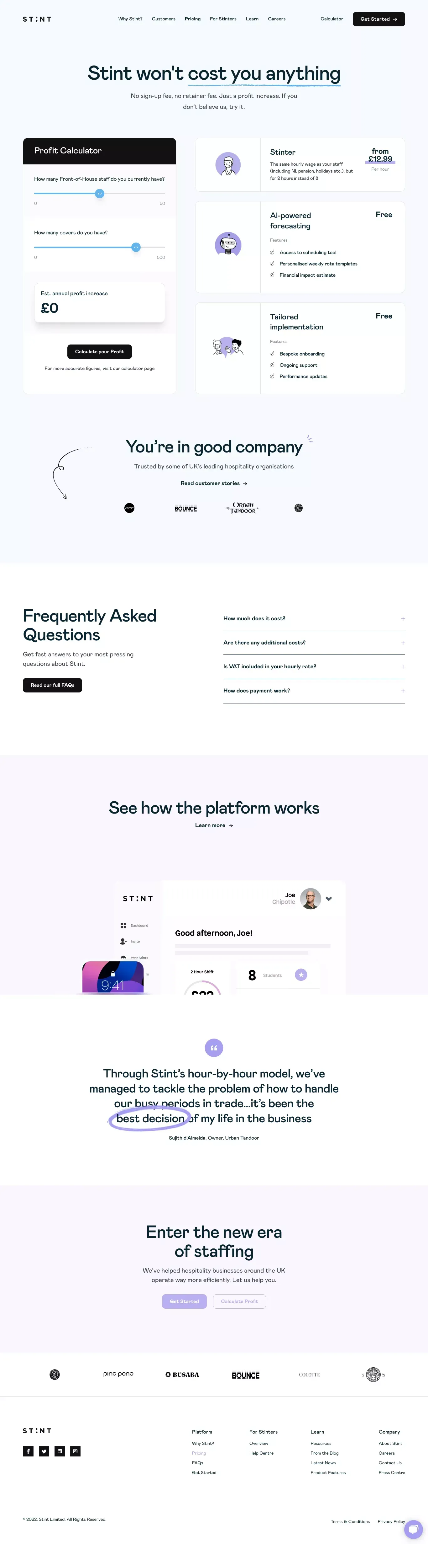 Stint Pricing - No sign-up fee, no retainer fee, just a profit increase - Pricing design