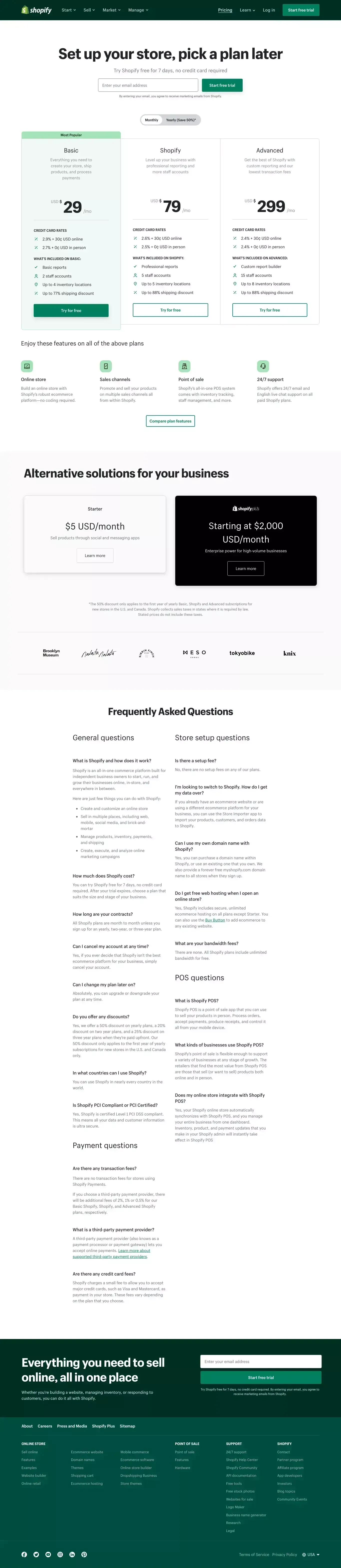 Shopify Pricing - Setup and Open Your Online Store Today – Free Trial - Pricing design