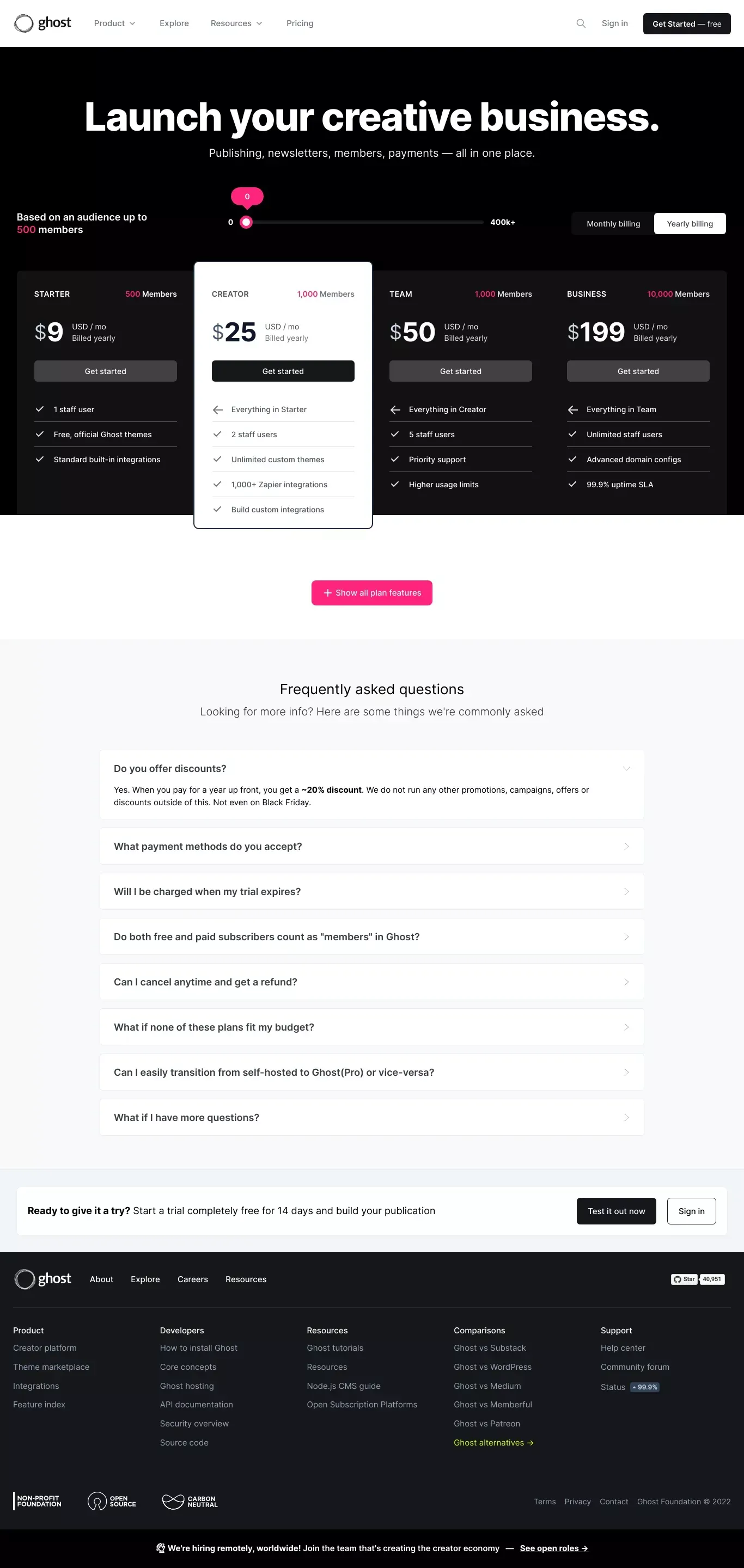 Ghost(Pro) - Official managed hosting for Ghost - Pricing design
