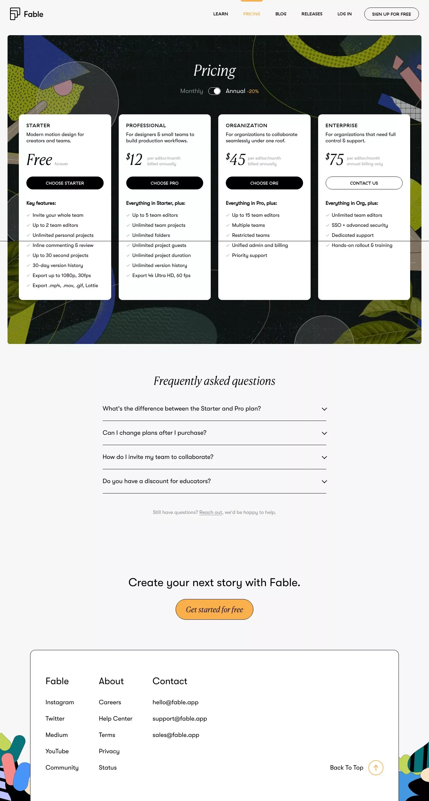 Plans, Pricing and Membership | Fable - Pricing design