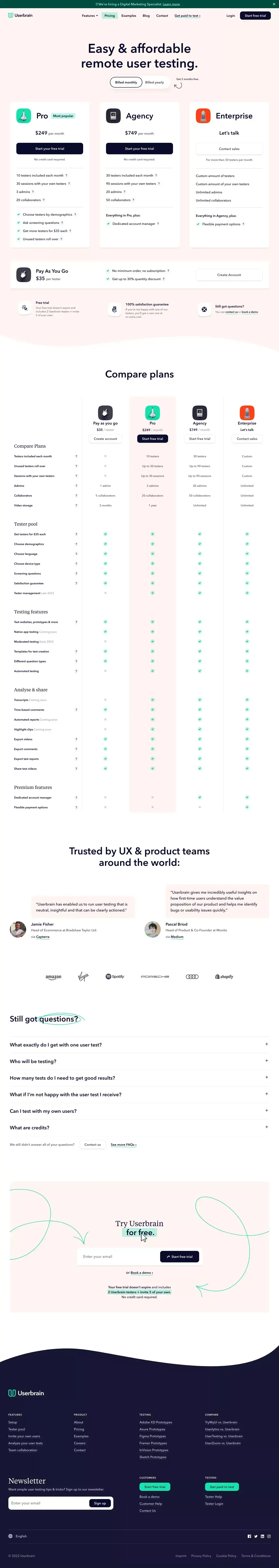 Pricing | Userbrain - User testing made simple - Pricing design