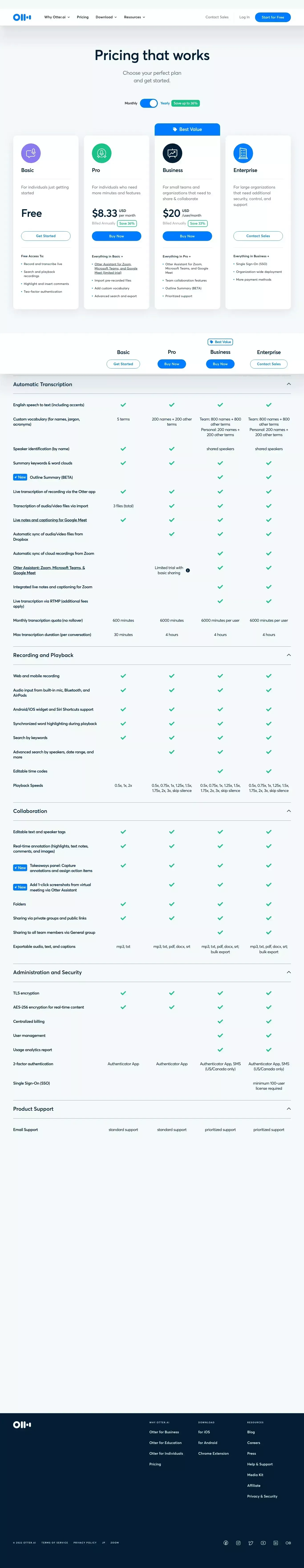 Otter Pricing - Basic, Pro, Business, Enterprise Plans | Otter.ai - Pricing design