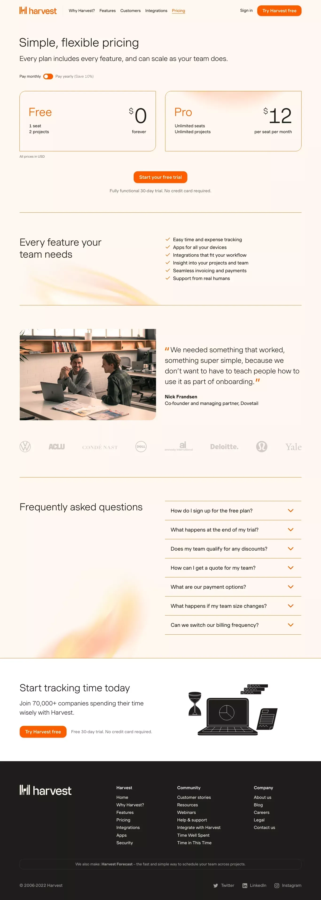 Harvest Pricing | Time Tracking and Invoicing Software - Pricing design