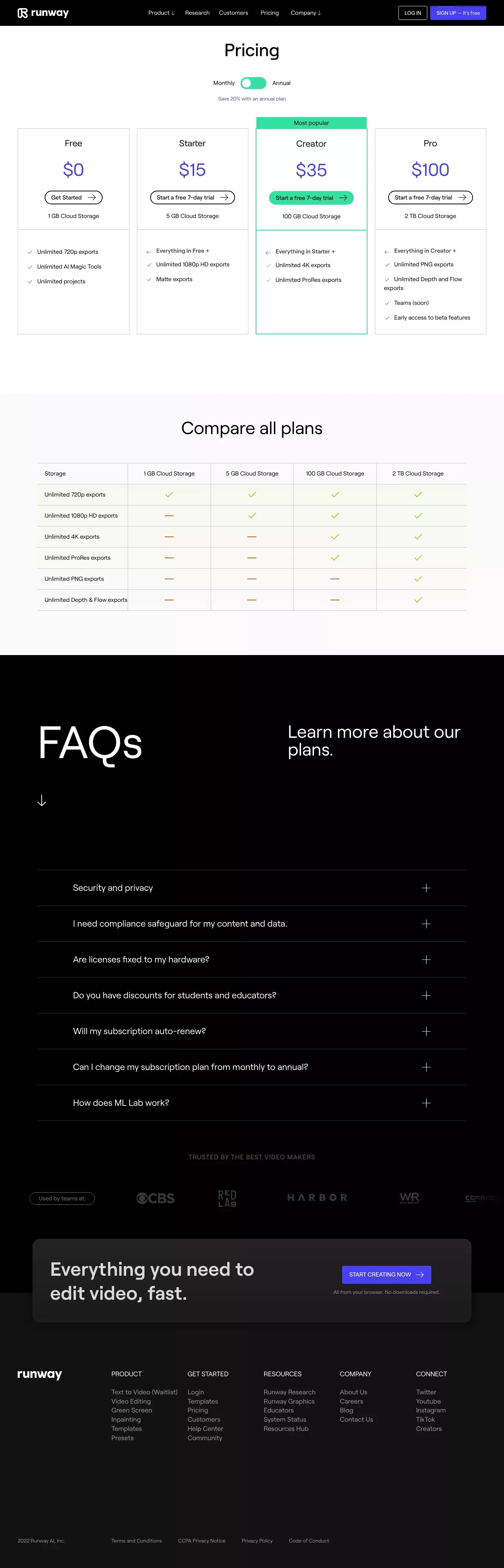 Runway Pricing | Start video editing for free - Pricing design