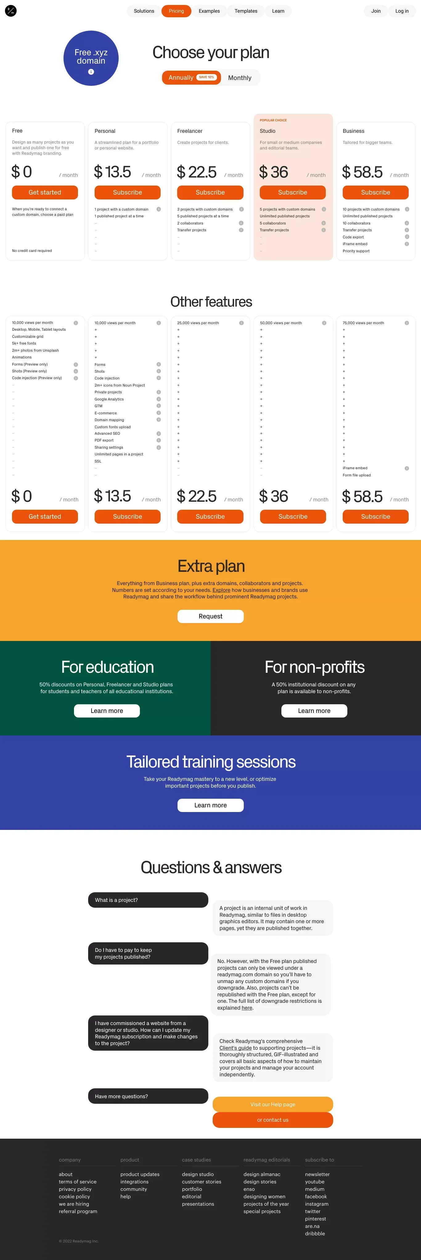 Readymag pricing and plans - Pricing design