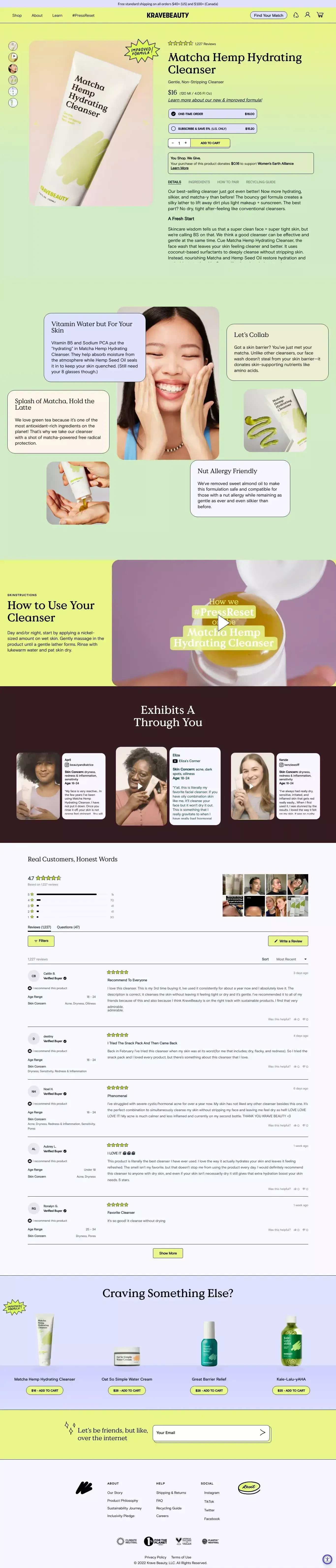 Matcha Hemp Hydrating Cleanser: Cleanser For Sensitive Skin – KraveBeauty - Product page design