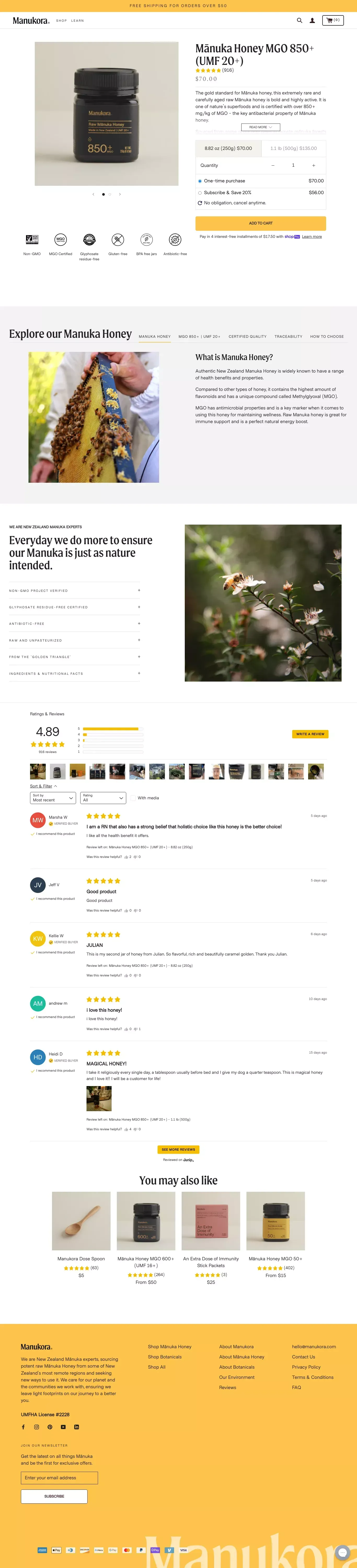 Raw Mānuka Honey UMF 20+ (MGO 850+) | Manukora - Product page design