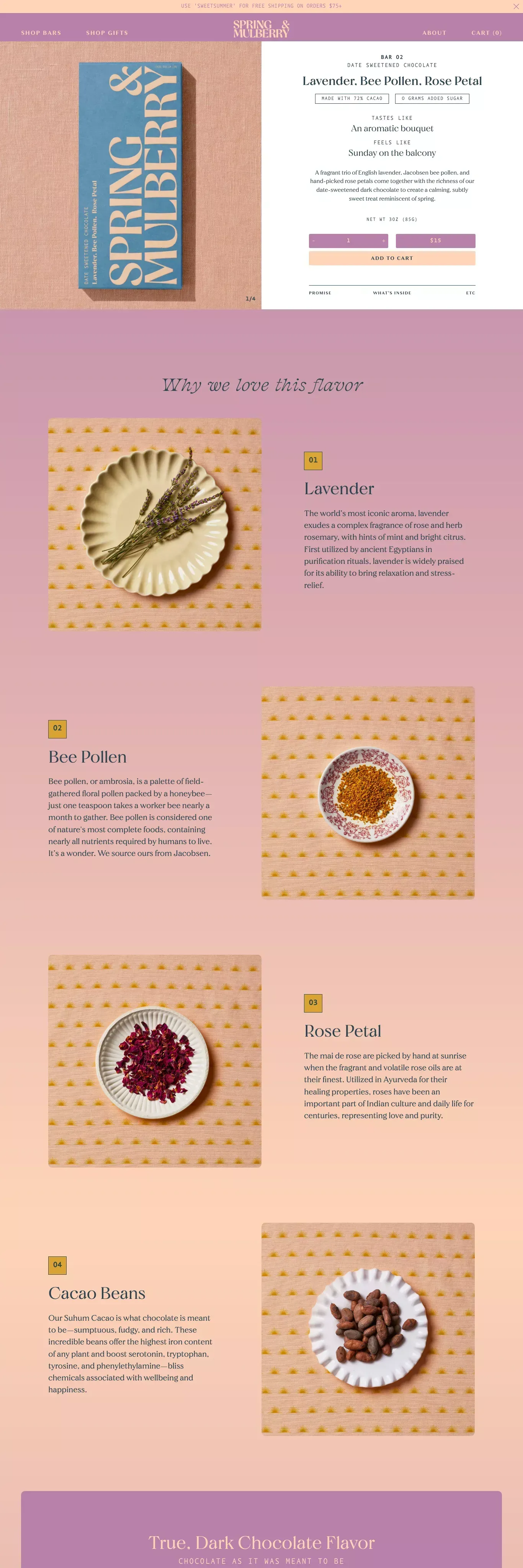 Lavender, Bee Pollen, Rose Petal – Spring & Mulberry - Product page design