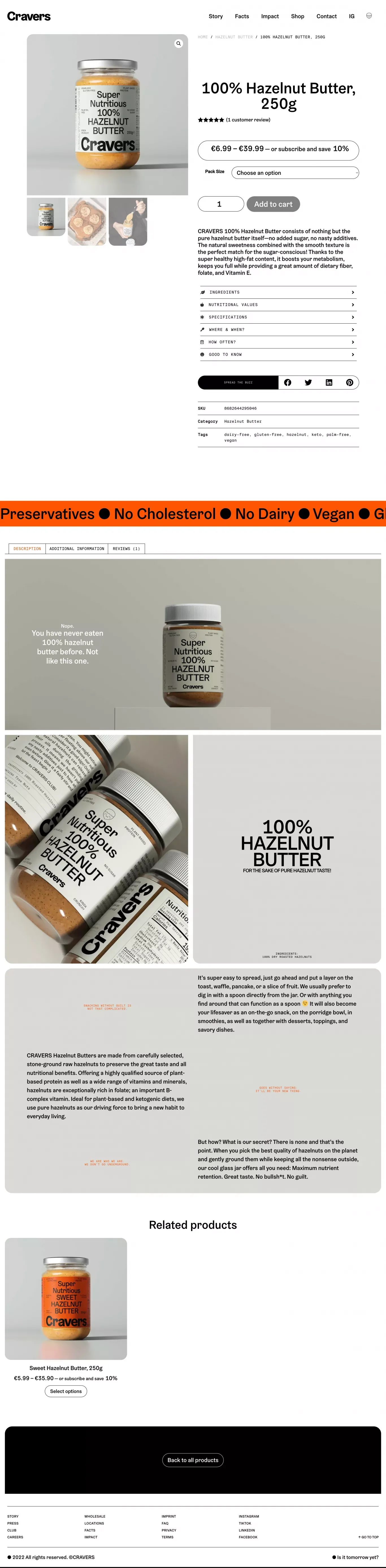 100% Hazelnut Butter, 250g | CRAVERS - IS IT TOMORROW YET? - Product page design