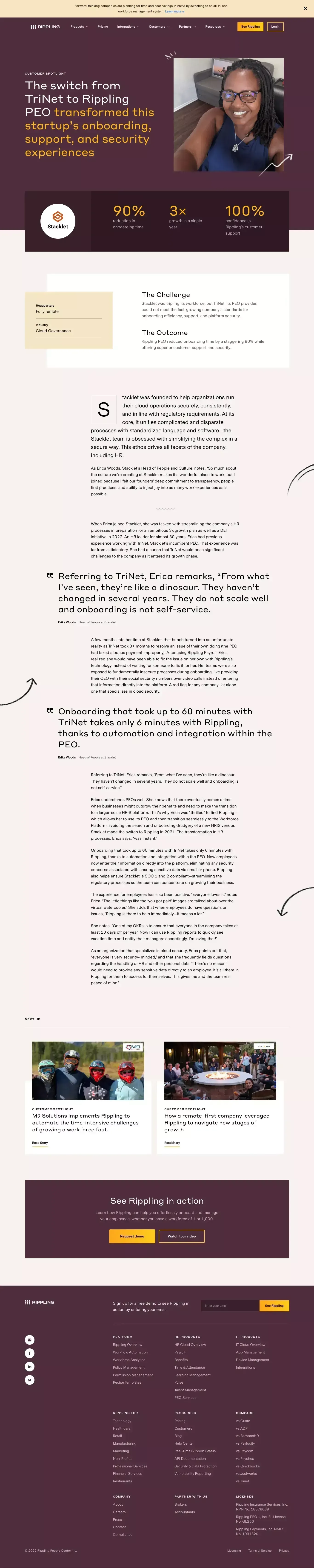 The switch from TriNet to Rippling PEO transformed Stacklet's onboarding, support, and security experiences - Case Study design