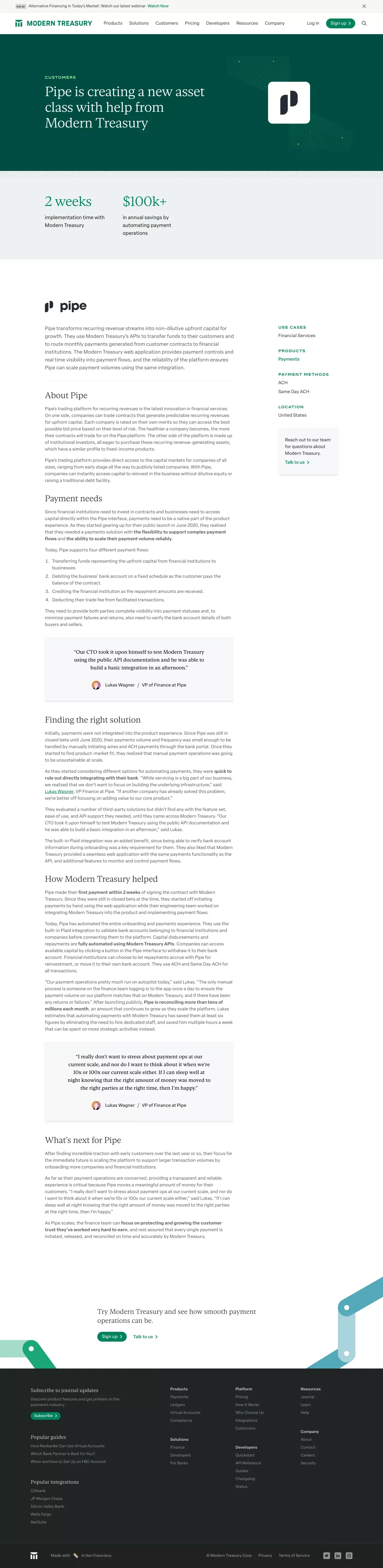 Customer Case Study: Pipe | Modern Treasury - Case Study design
