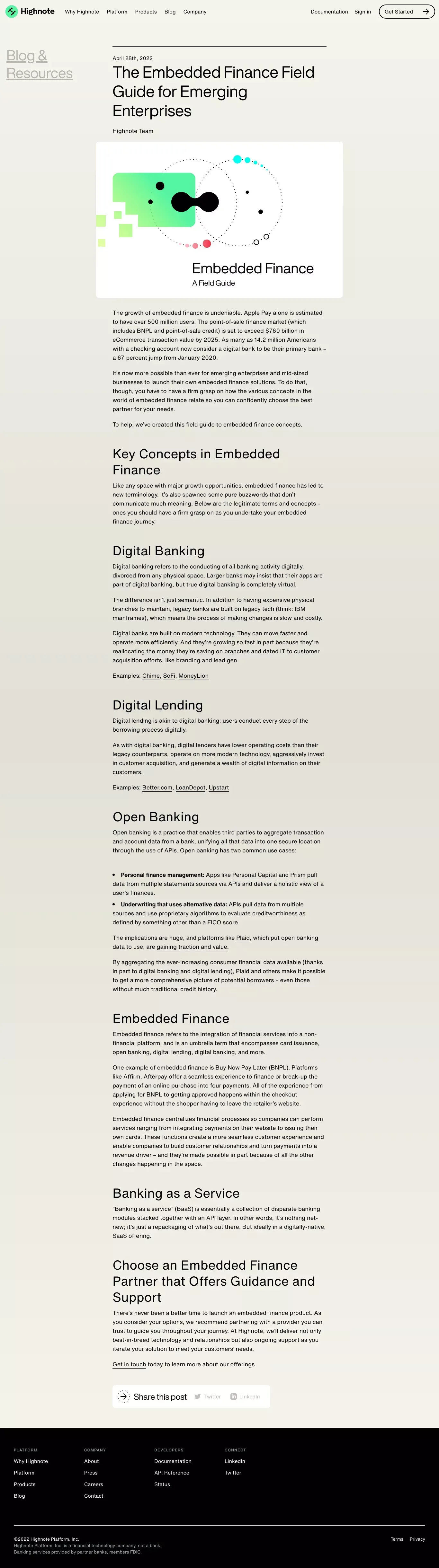 Highnote Blog: The Embedded Finance Field Guide for Emerging Enterprises - Blog Post design