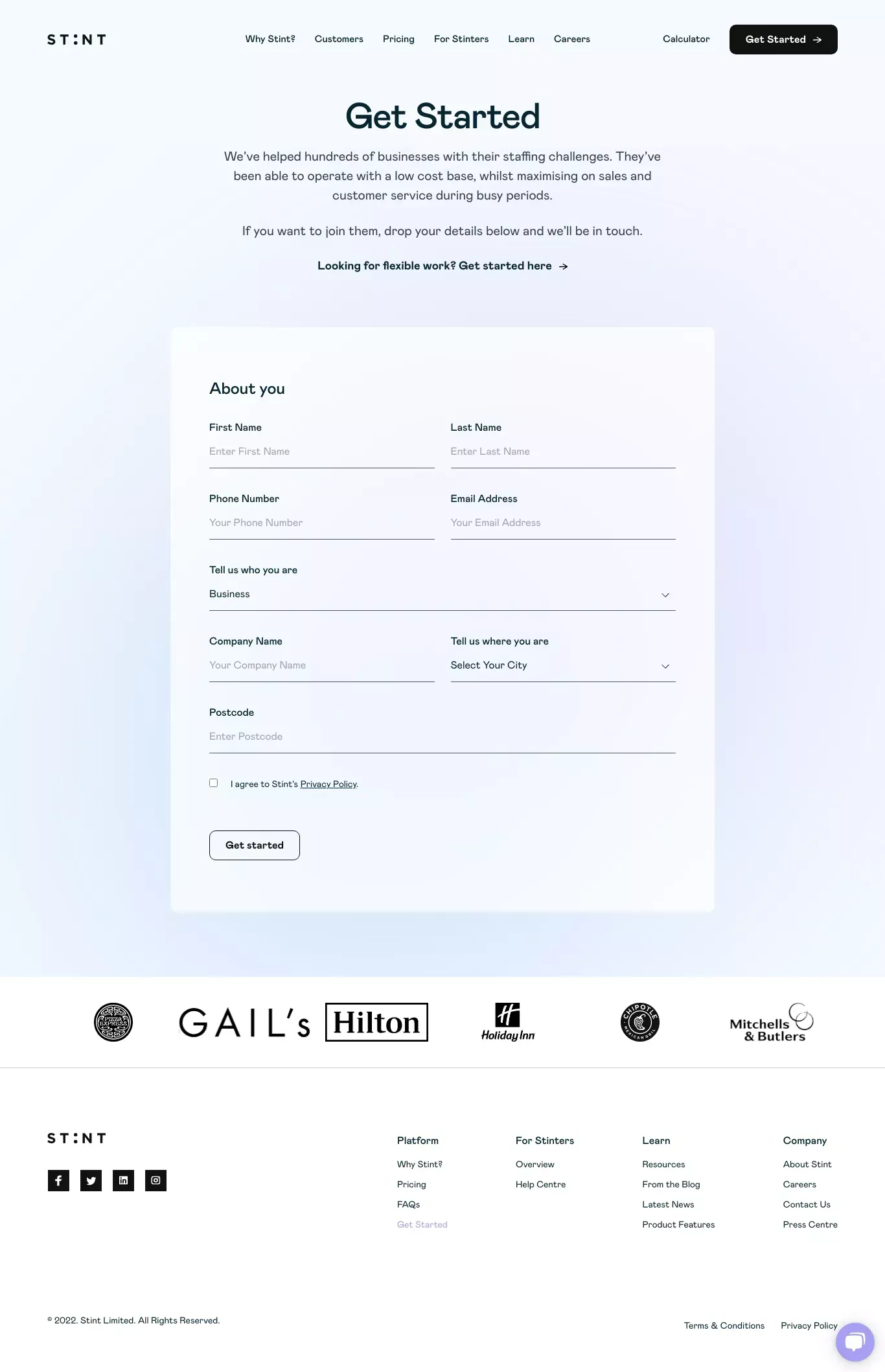 Stint - Get Started and try Stint today - Sign Up design