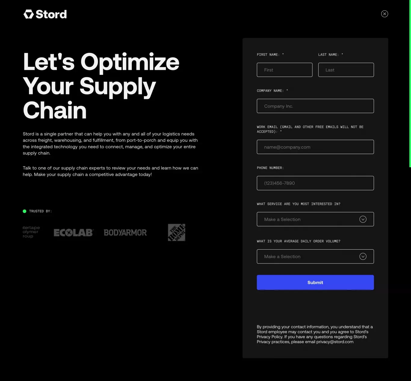 Stord | Level Up Your Supply Chain - Talk to an Expert - Sign Up design