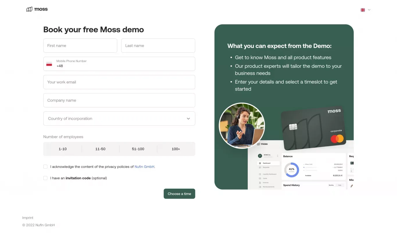 Moss: The all-in-one spend management platform - Sign Up design