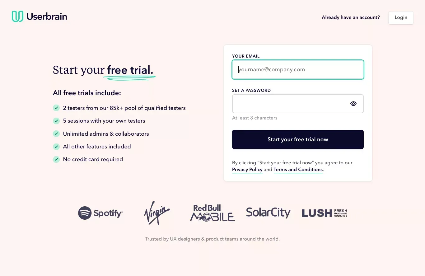 Userbrain Dashboard - Sign Up design