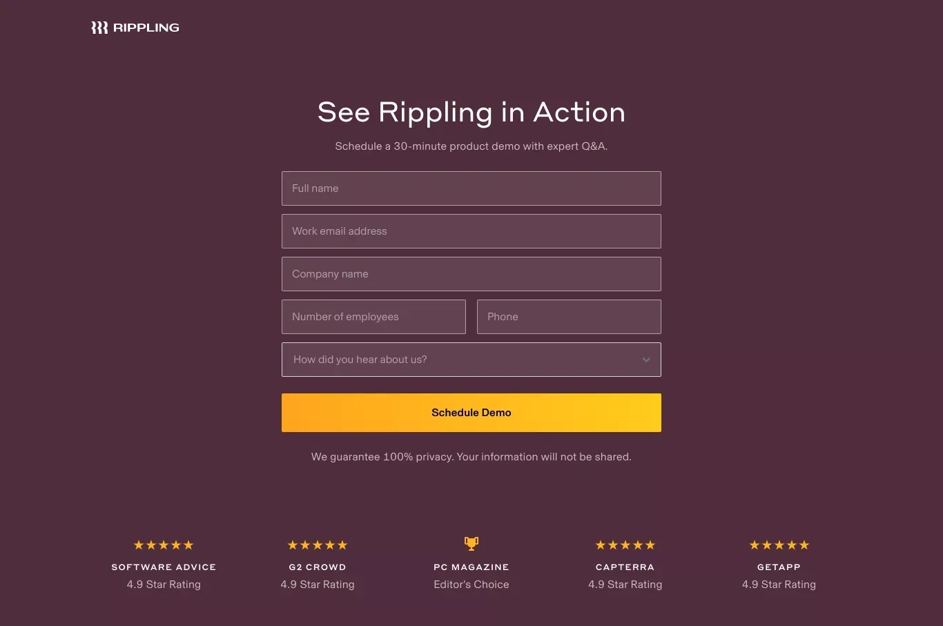 Request Demo | Rippling - Sign Up design