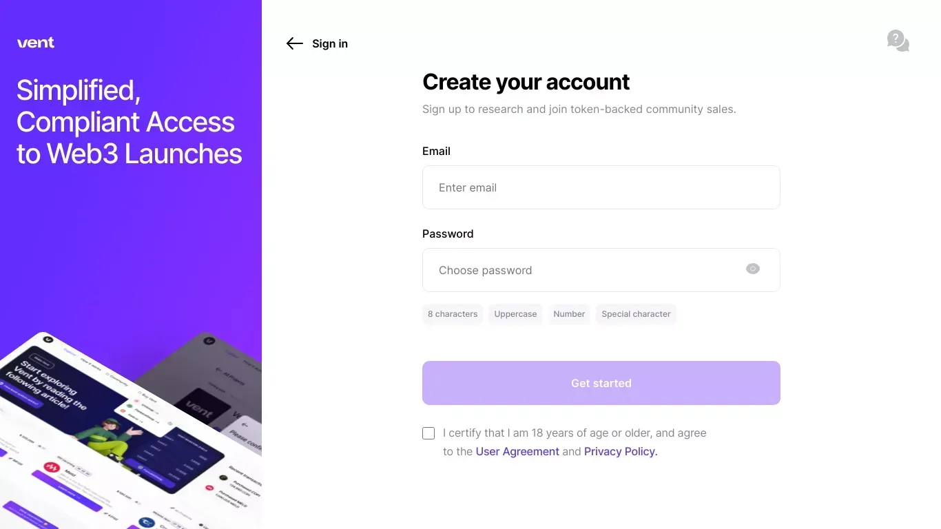 Vent Launchpad - Sign Up design
