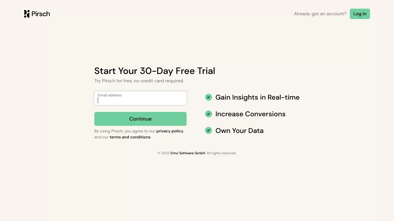 Signup - Pirsch Analytics - Sign Up design