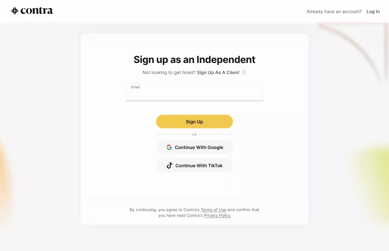 Contra – Work the Way You Want - Sign Up design