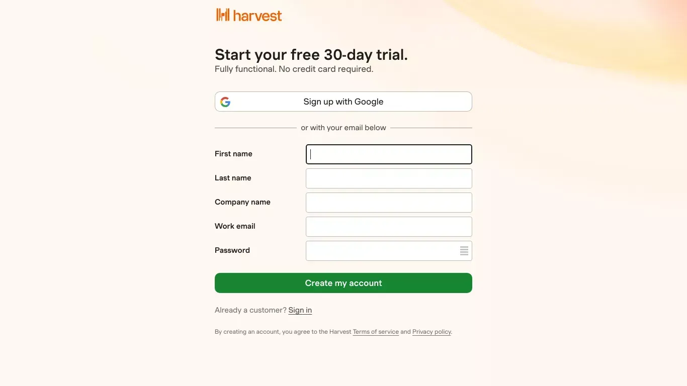 Sign up for Harvest - Sign Up design