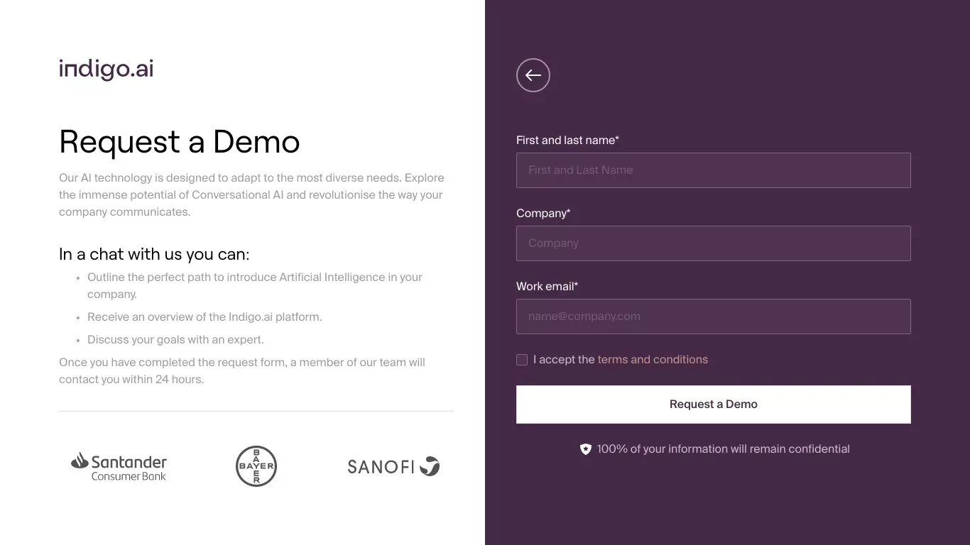 Request a demo - Indigo.ai - Sign Up design
