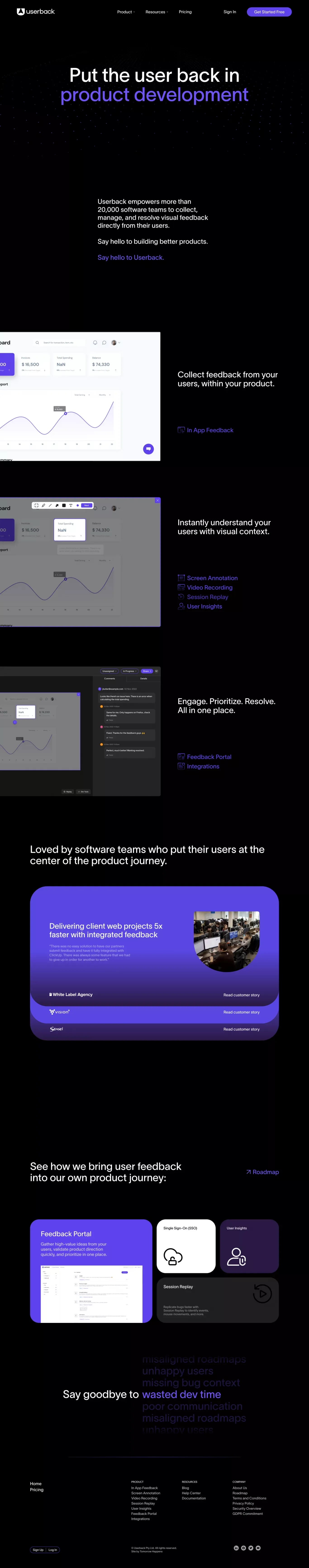 Userback | Put the user back in product development - Landing design