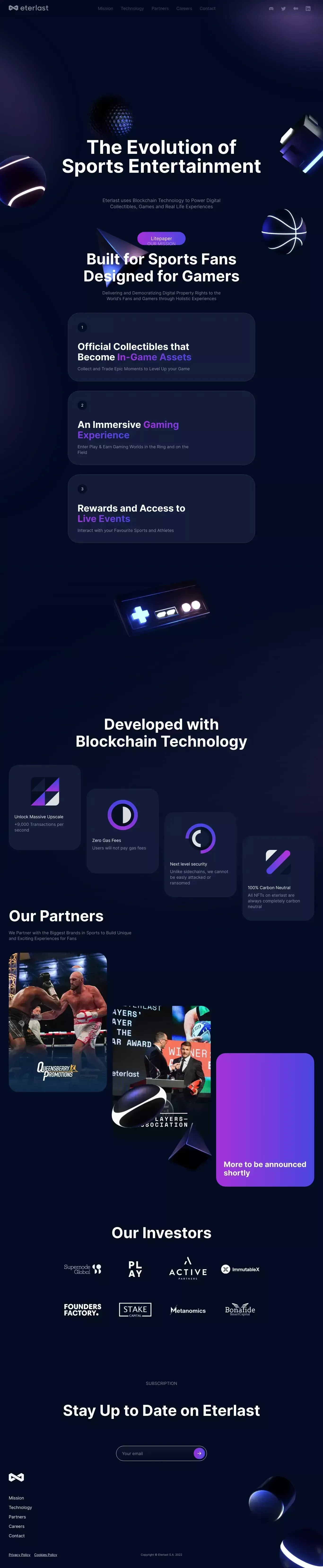 Eterlast - The Evolution of Sports Entertainment - Landing design