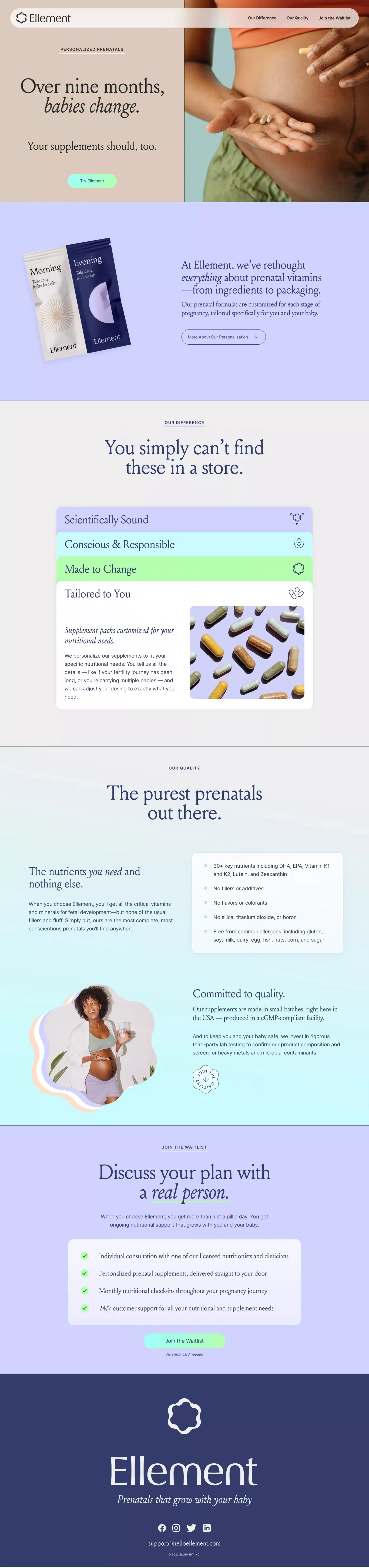 Prenatal supplements that grow with your baby — Ellement - Landing design