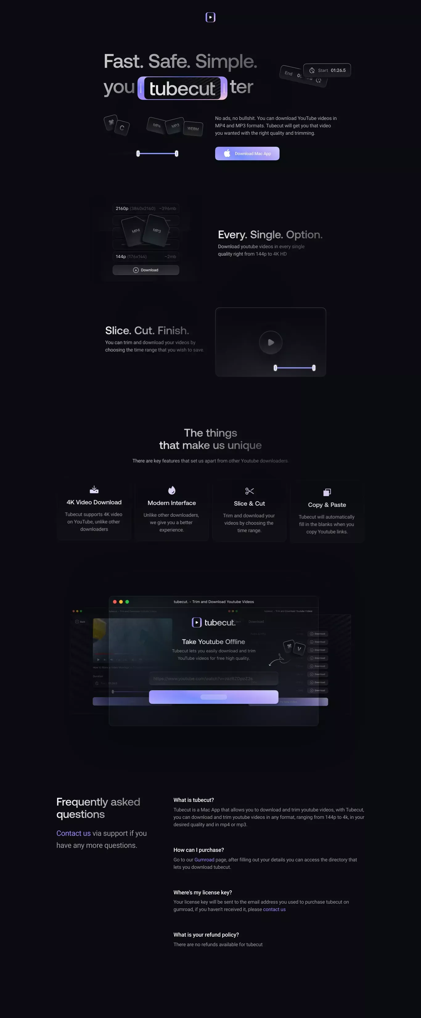 tubecut. - Youtube Video Downloader for macOS - Landing design