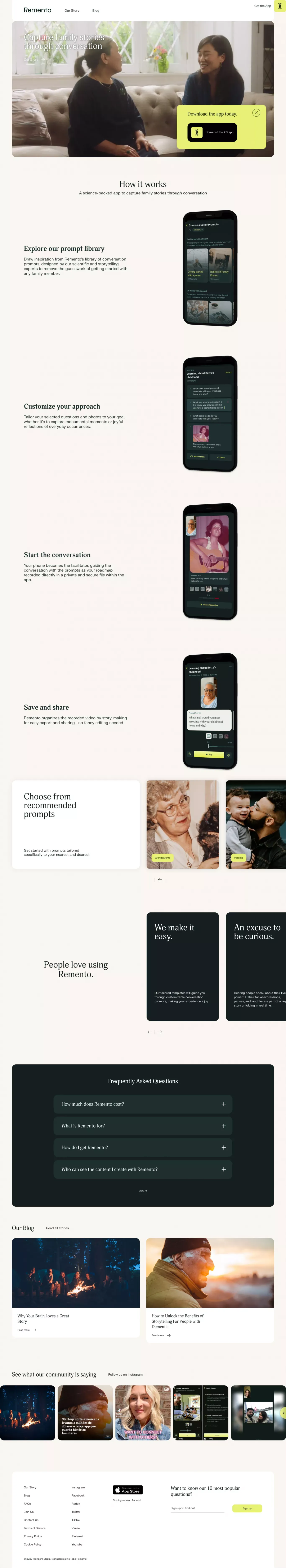 Remento: Capture family stories - Landing design