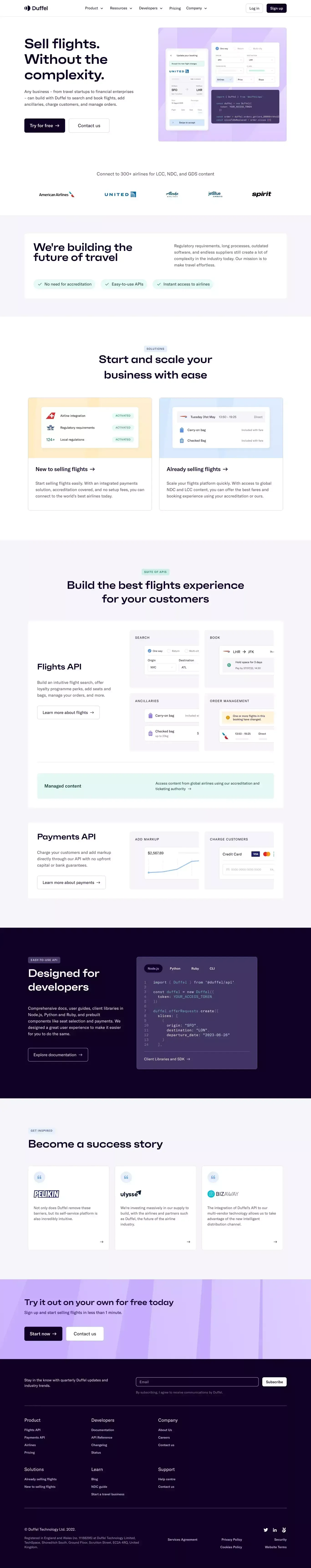 Duffel - The best API to sell flights online - Landing design