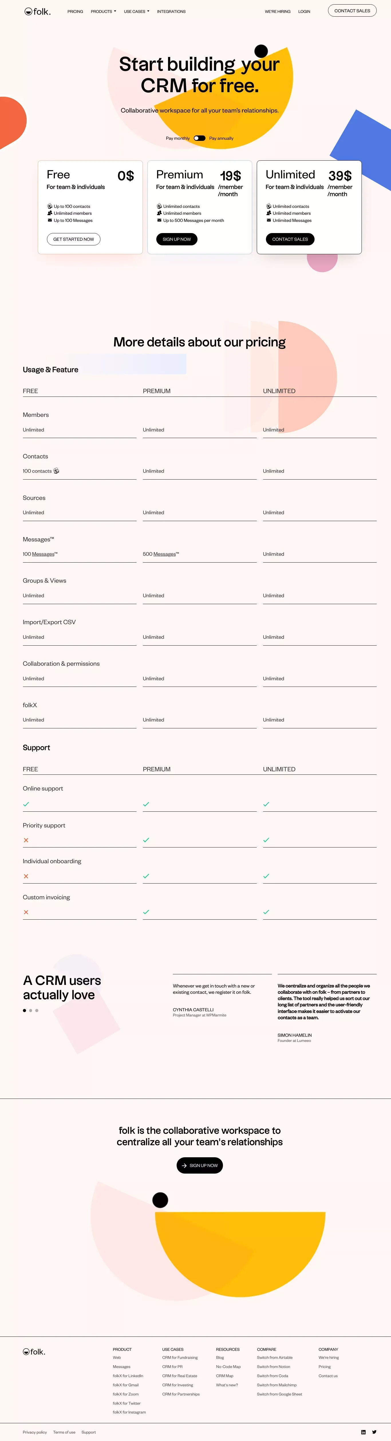 folk Pricing — Designed for contacts, Built for Productivity - Pricing design