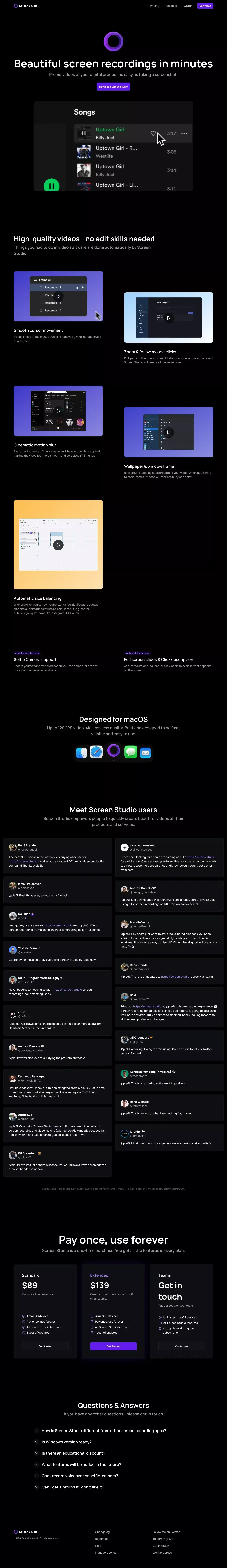 Screen Studio — Beautiful screen recordings in minutes - Landing design