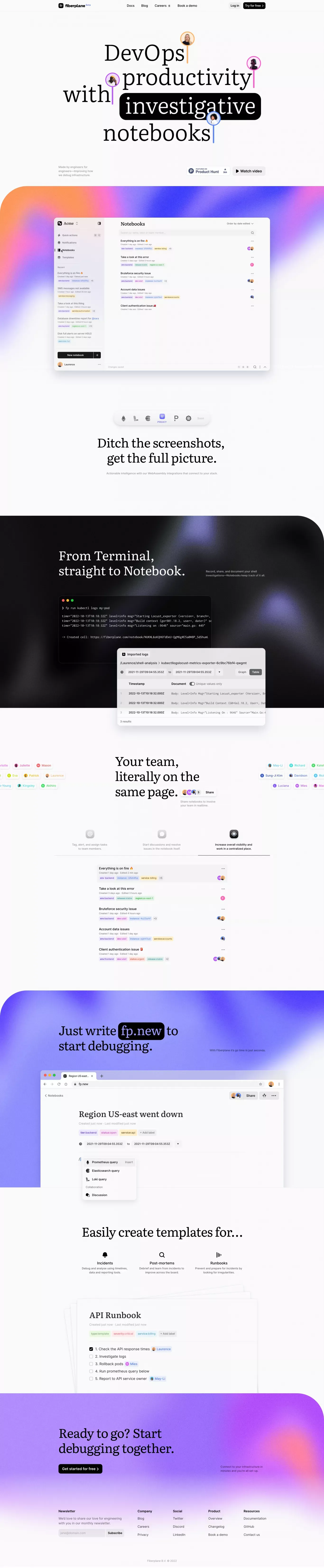 Fiberplane - Collaborative Notebooks for debugging your infrastructure - Landing design
