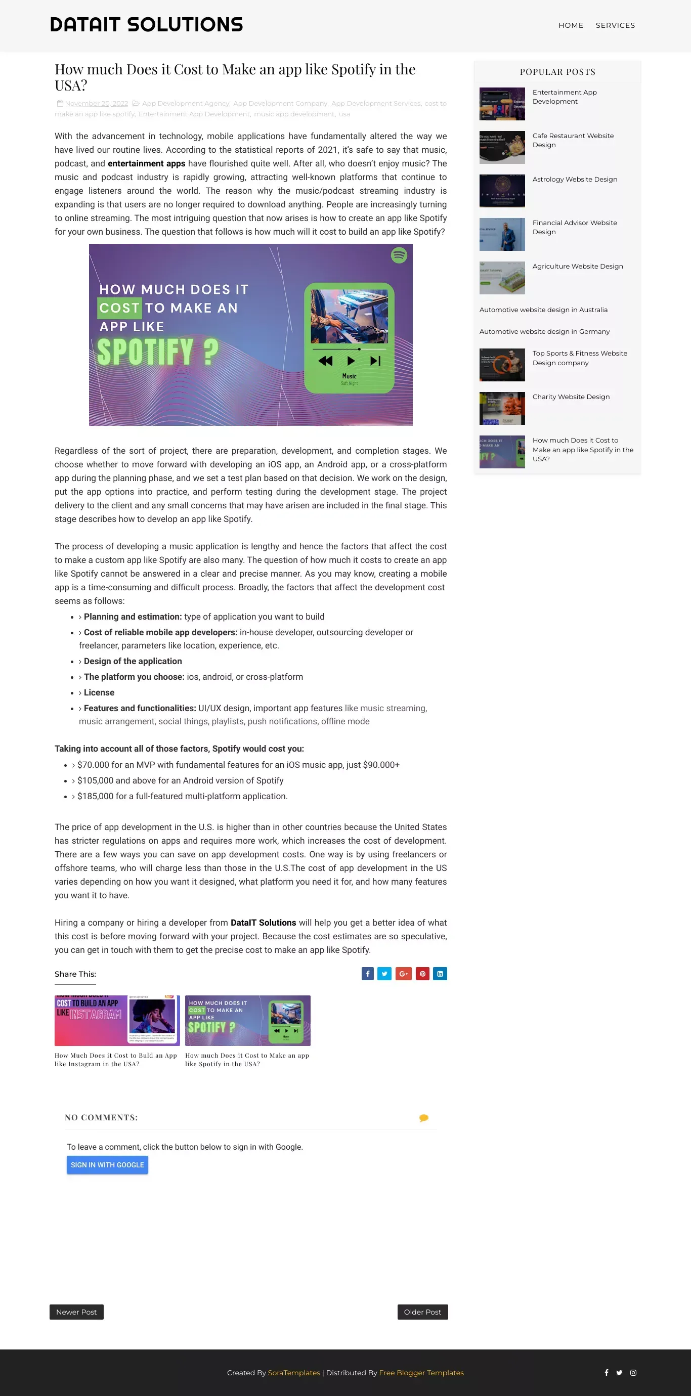 How much Does it Cost to Make an app like Spotify in the USA? - DataIT Solutions - Blog Post design