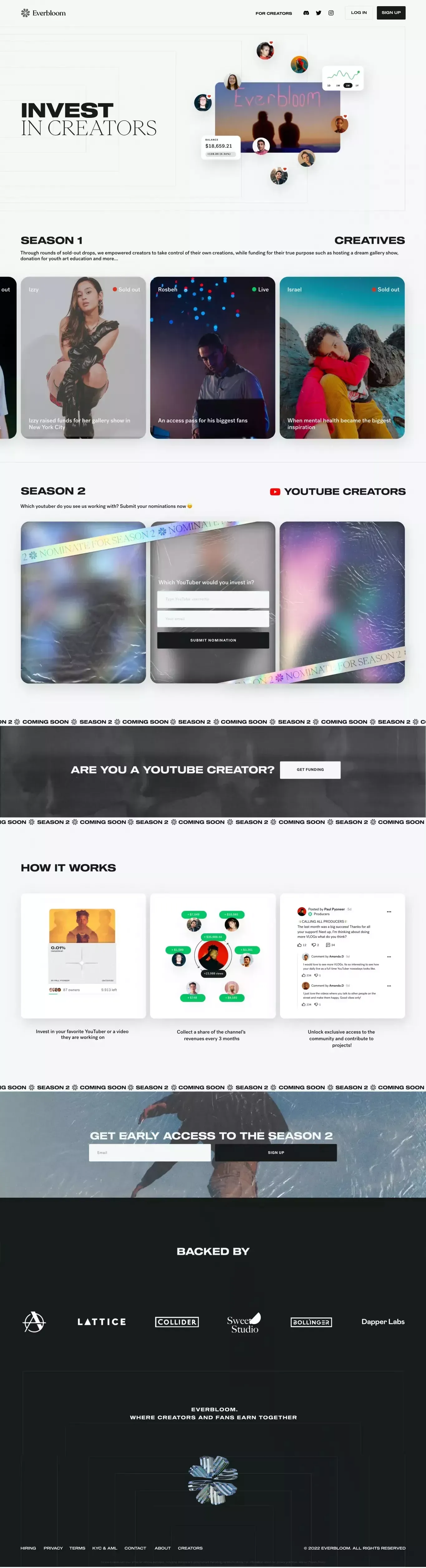 Everbloom App - Invest in creators - Landing design
