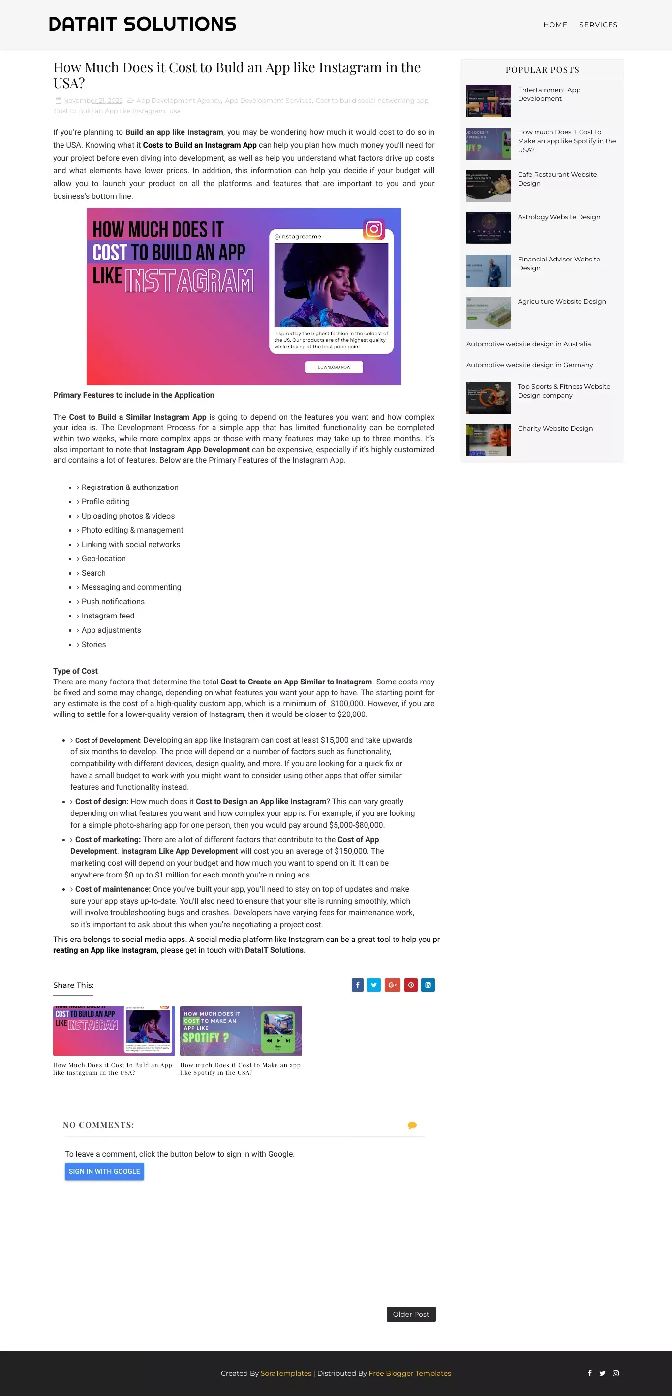 How Much Does it Cost to Buld an App like Instagram in the USA? - DataIT Solutions - Blog Post design