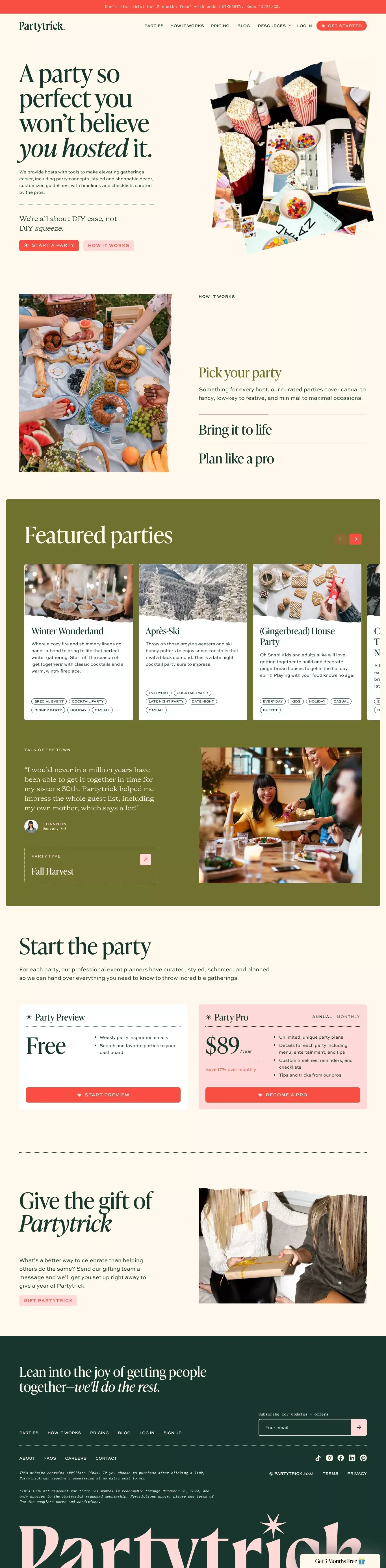Partytrick • Memorable Gatherings Made Doable - Landing design