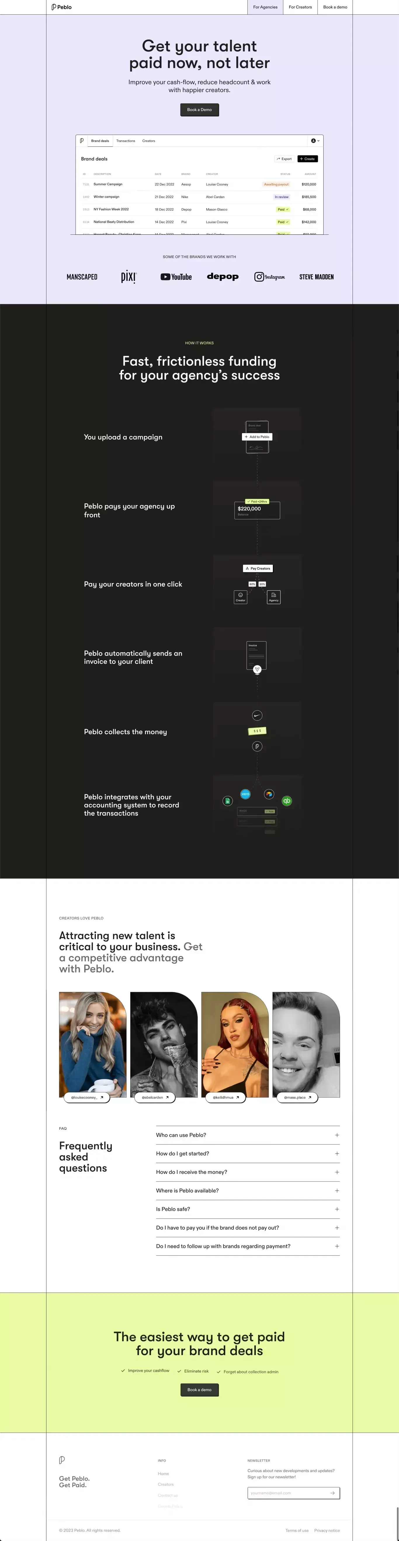 Peblo | Get your talent paid now, not later - Landing design
